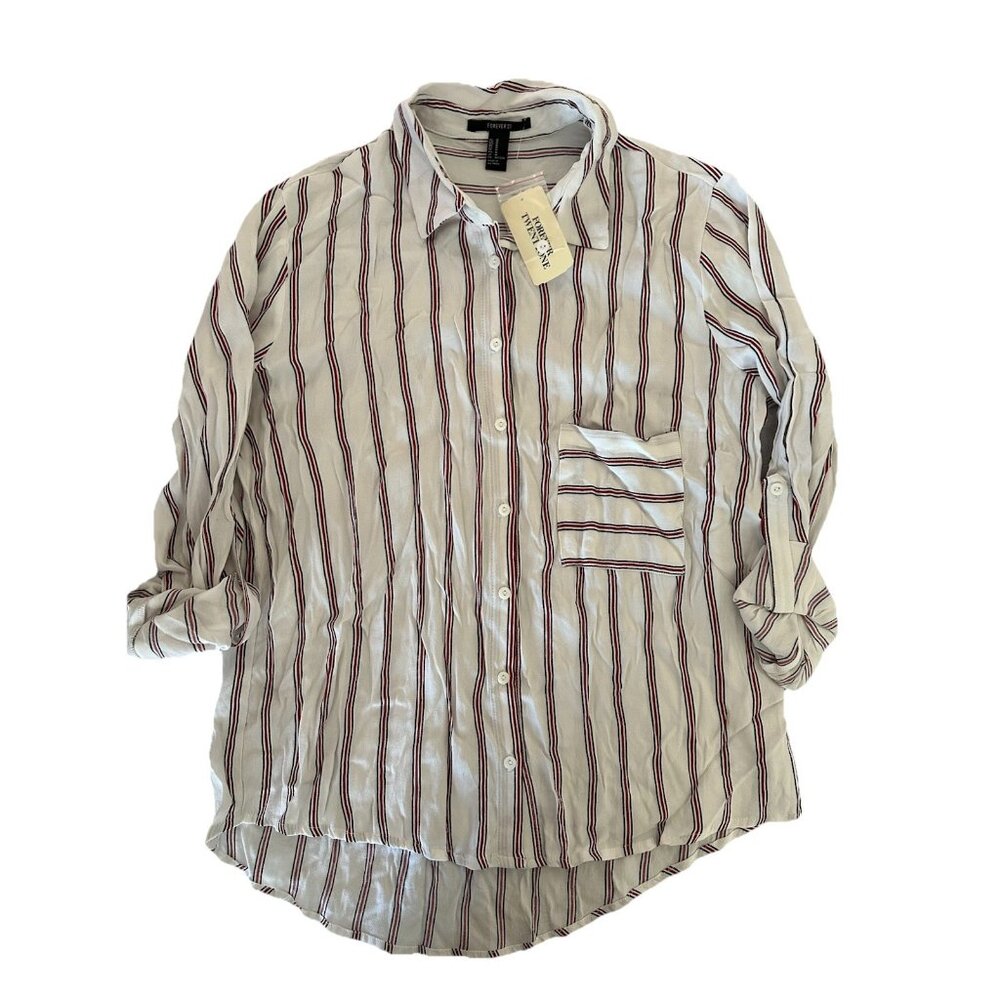 🌵4/$25 Forever 21 Sz Medium M Women's White Striped Button Shirt‎ Summer Preppy